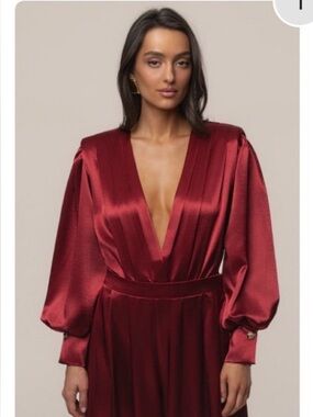 JLUXLABEL Satin Deep V Long Sleeve Bodysuit - Burgundy